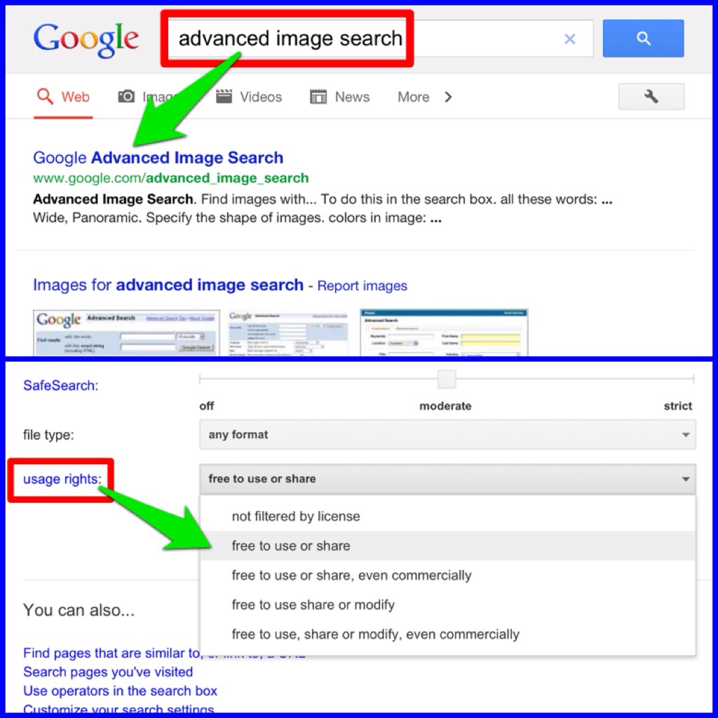 Use advanced image search in Google to find royaltyfree images.