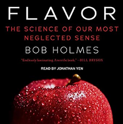 Flavor, The Science of our most Neglected Sense. Audiobook cover of large red apple covered with beads of water, on black background.